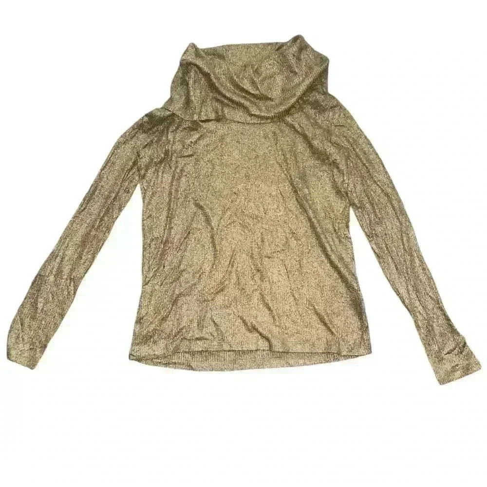NEW Lauren Ralph Lauren Cowl Neck long Sleeve Shirt Gold Metallic Size XS